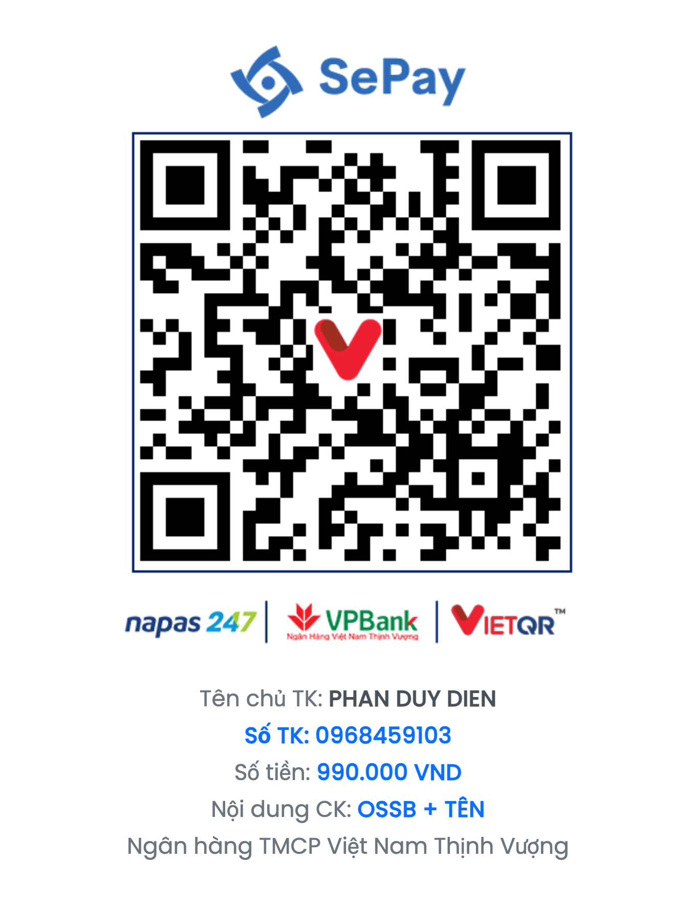 QR chuyển khoản VietQR — VPBank 0968459103 — 990.000đ